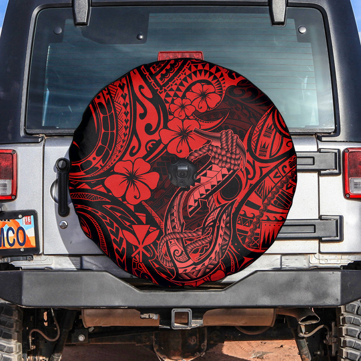 Hawaii Fish Hook Spare Tire Cover Hibiscus Hawaii Tribal Tattoo Red Version - Wonder Print Shop