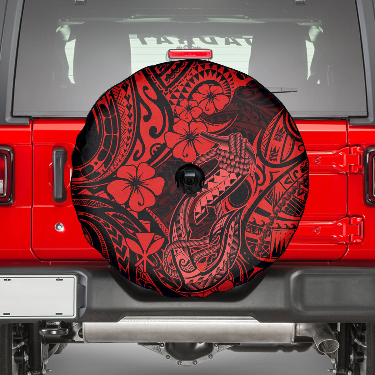 Hawaii Fish Hook Spare Tire Cover Hibiscus Hawaii Tribal Tattoo Red Version - Wonder Print Shop