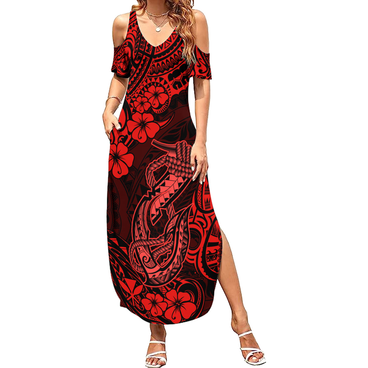 Hawaii Fish Hook Summer Maxi Dress Hibiscus Hawaii Tribal Tattoo Red Version - Wonder Print Shop