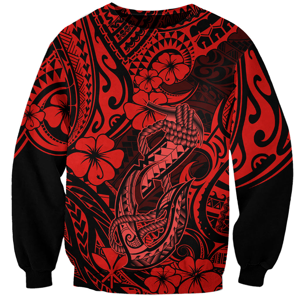 Hawaii Fish Hook Sweatshirt Hibiscus Hawaii Tribal Tattoo Red Version - Wonder Print Shop