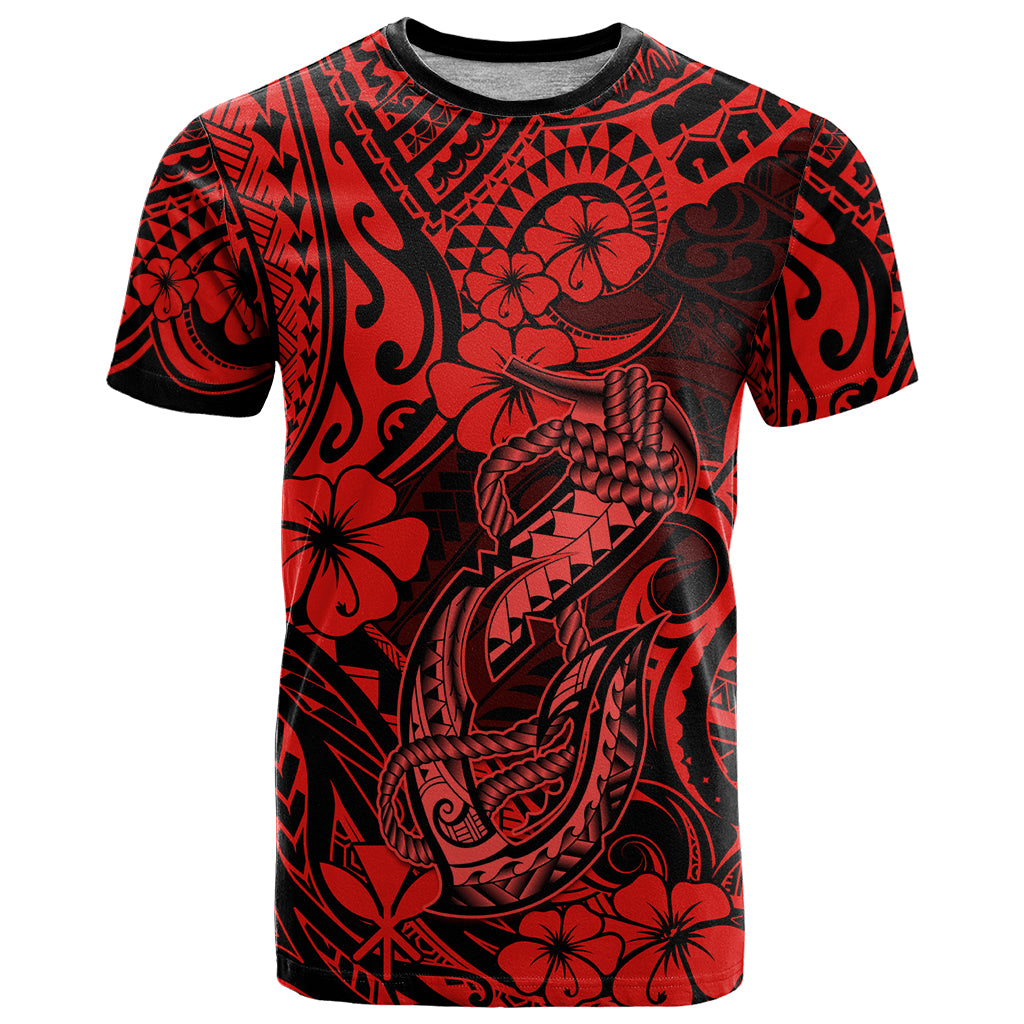 Hawaii Fish Hook T Shirt Hibiscus Hawaii Tribal Tattoo Red Version - Wonder Print Shop