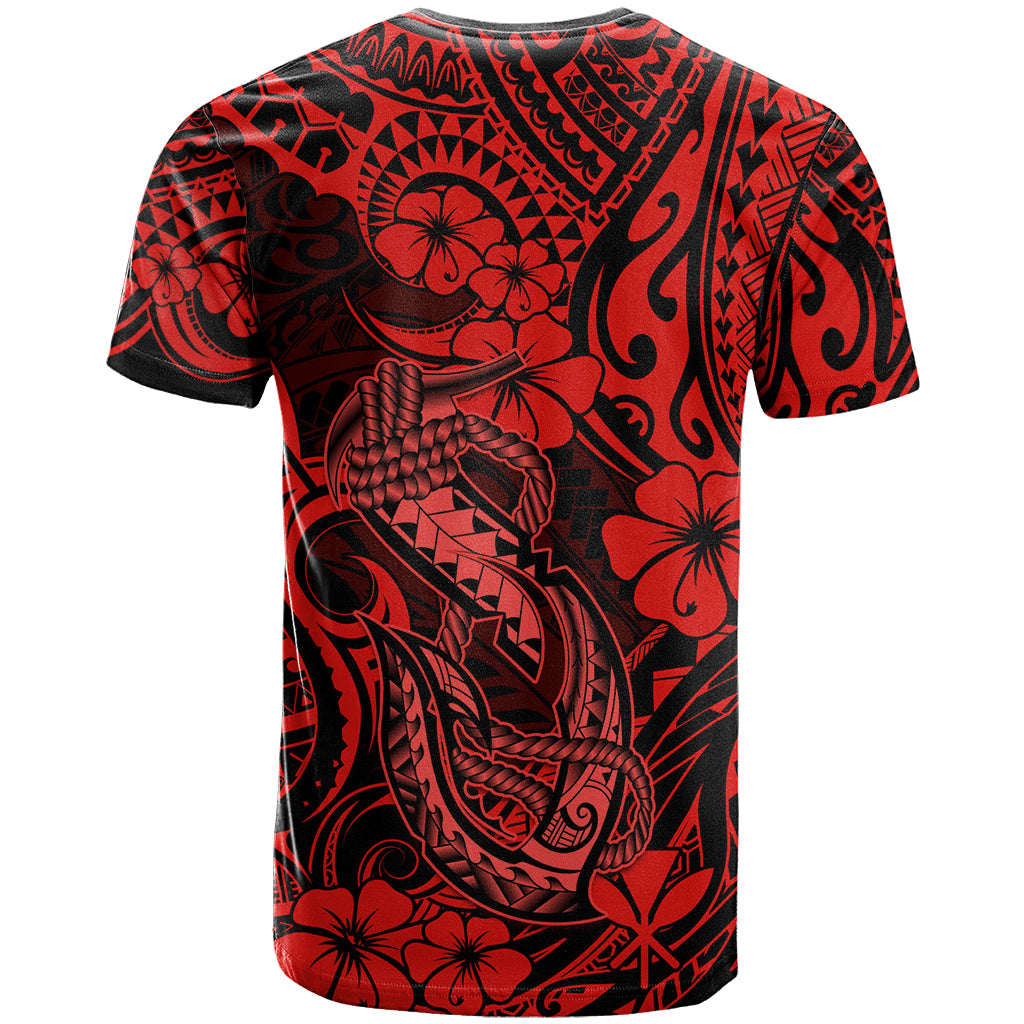 Hawaii Fish Hook T Shirt Hibiscus Hawaii Tribal Tattoo Red Version - Wonder Print Shop