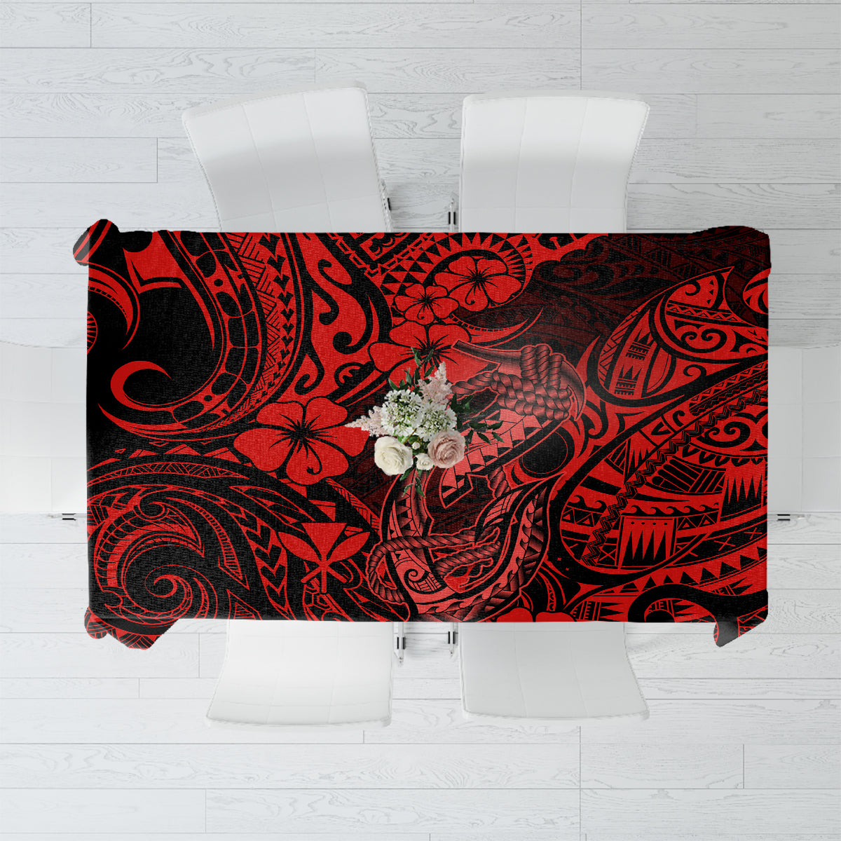 Hawaii Fish Hook Tablecloth Hibiscus Hawaii Tribal Tattoo Red Version - Wonder Print Shop