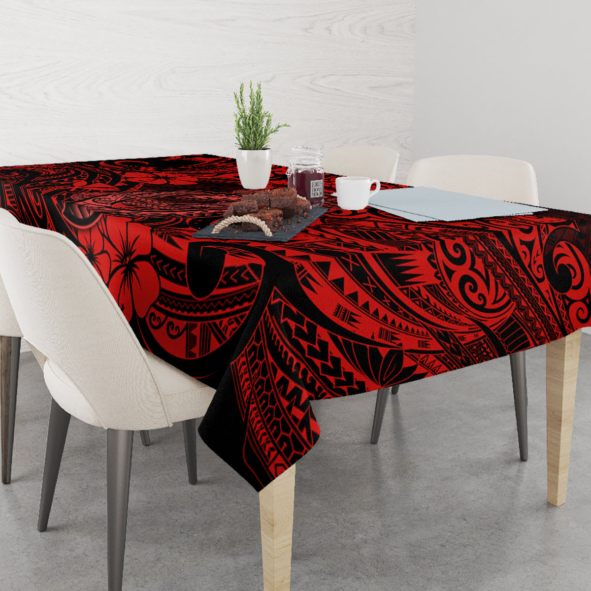 Hawaii Fish Hook Tablecloth Hibiscus Hawaii Tribal Tattoo Red Version - Wonder Print Shop