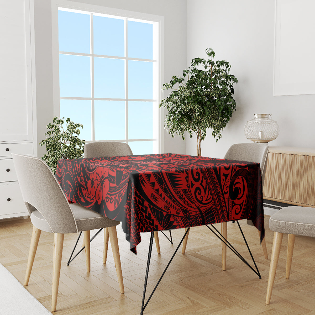 Hawaii Fish Hook Tablecloth Hibiscus Hawaii Tribal Tattoo Red Version - Wonder Print Shop