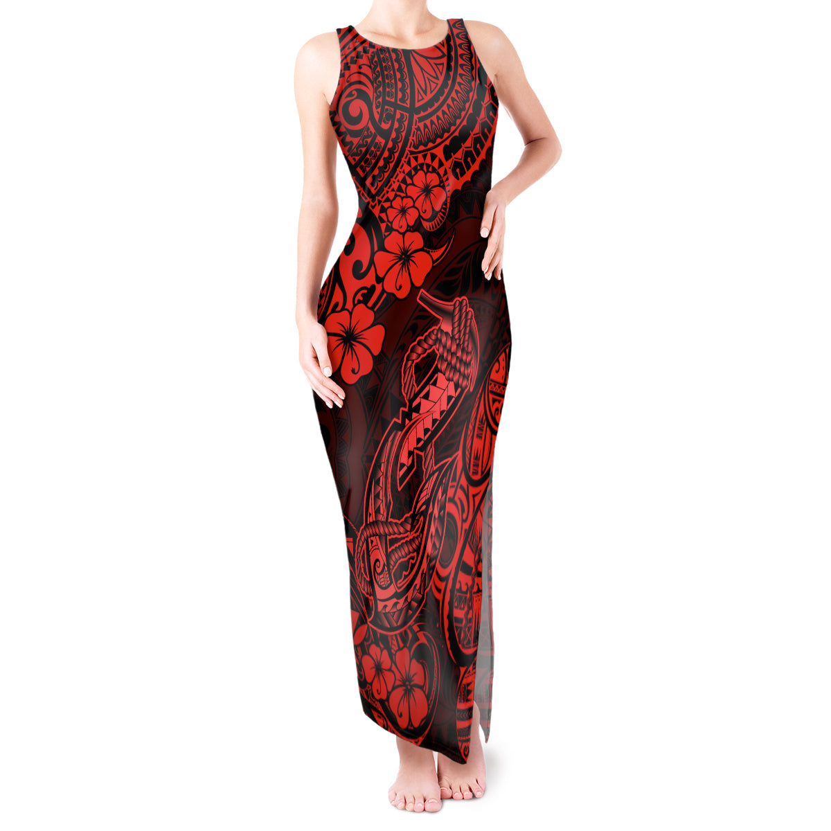 Hawaii Fish Hook Tank Maxi Dress Hibiscus Hawaii Tribal Tattoo Red Version - Wonder Print Shop