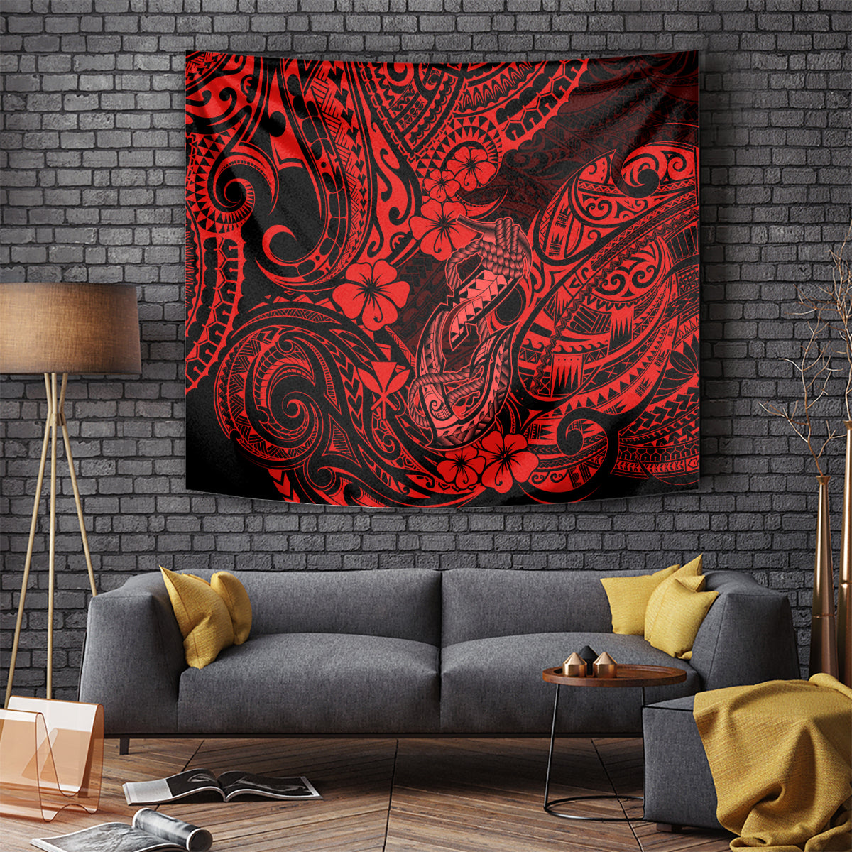 Hawaii Fish Hook Tapestry Hibiscus Hawaii Tribal Tattoo Red Version - Wonder Print Shop