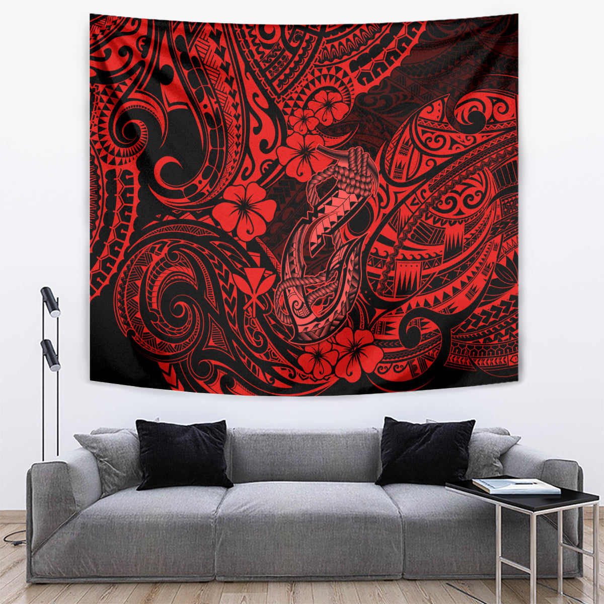 Hawaii Fish Hook Tapestry Hibiscus Hawaii Tribal Tattoo Red Version - Wonder Print Shop