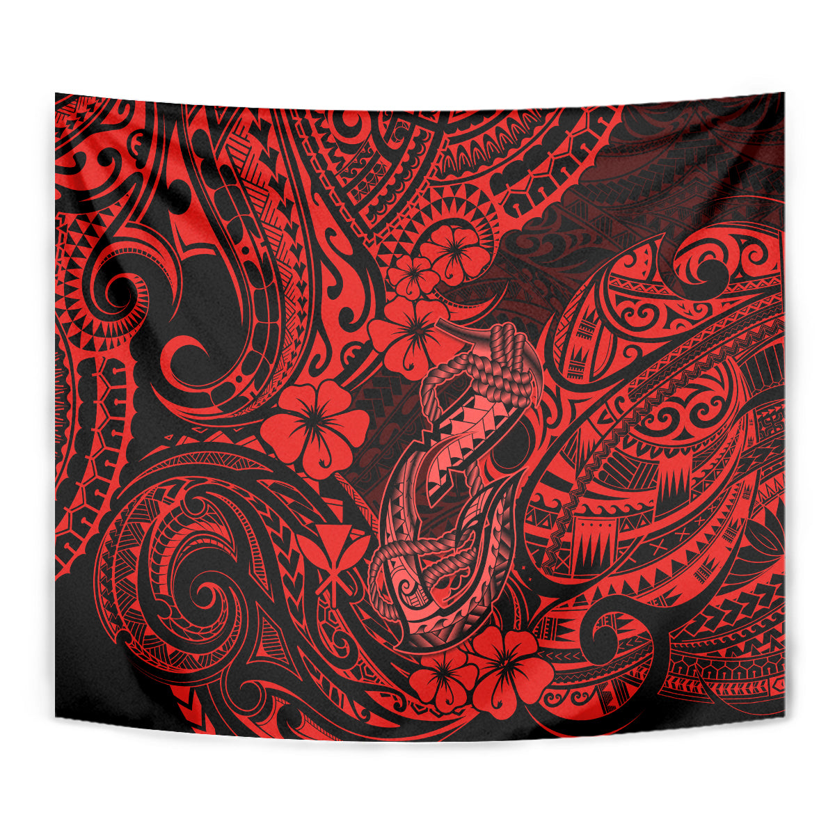 Hawaii Fish Hook Tapestry Hibiscus Hawaii Tribal Tattoo Red Version - Wonder Print Shop