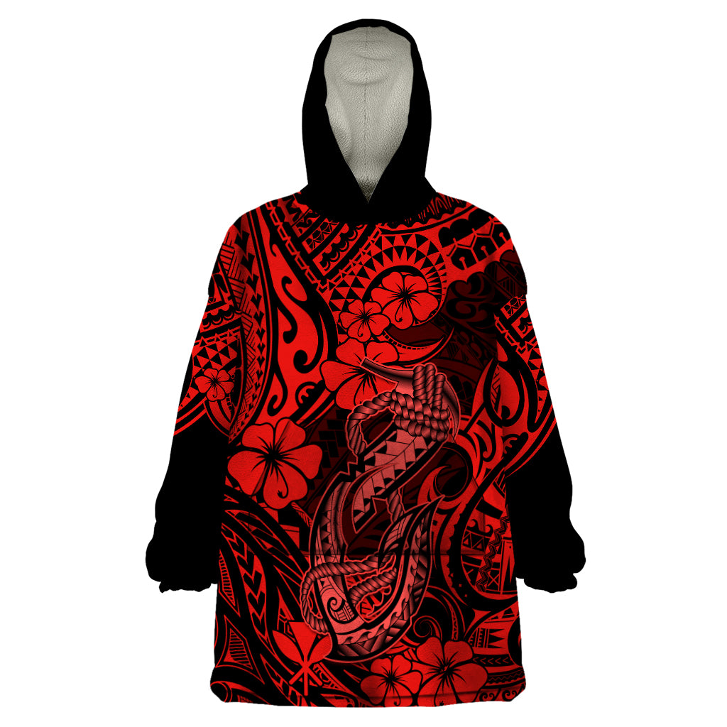 Hawaii Fish Hook Wearable Blanket Hoodie Hibiscus Hawaii Tribal Tattoo Red Version - Wonder Print Shop