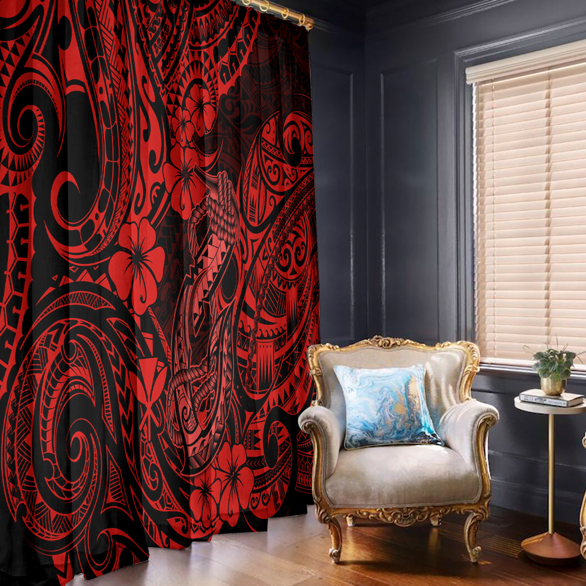 Hawaii Fish Hook Window Curtain Hibiscus Hawaii Tribal Tattoo Red Version - Wonder Print Shop