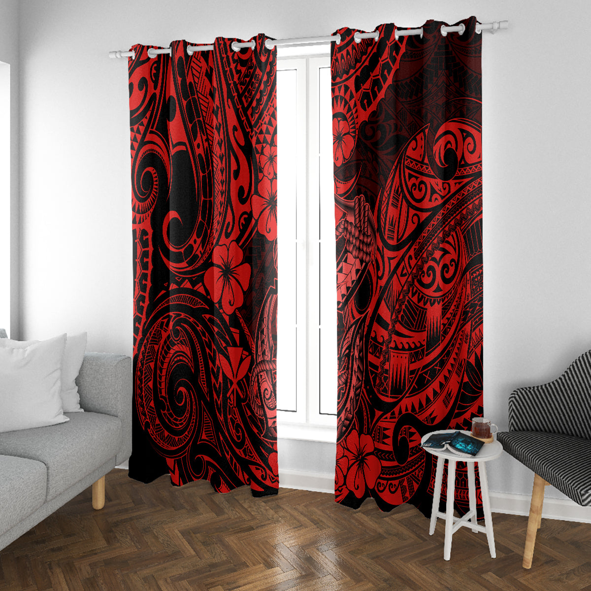 Hawaii Fish Hook Window Curtain Hibiscus Hawaii Tribal Tattoo Red Version - Wonder Print Shop