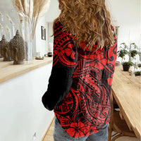 Hawaii Fish Hook Women Casual Shirt Hibiscus Hawaii Tribal Tattoo Red Version - Wonder Print Shop