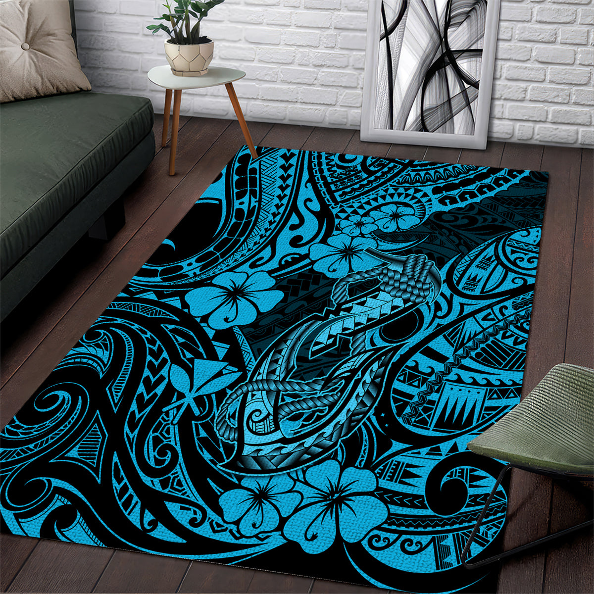 Hawaii Fish Hook Area Rug Hibiscus Hawaii Tribal Tattoo Sky Blue Version - Wonder Print Shop