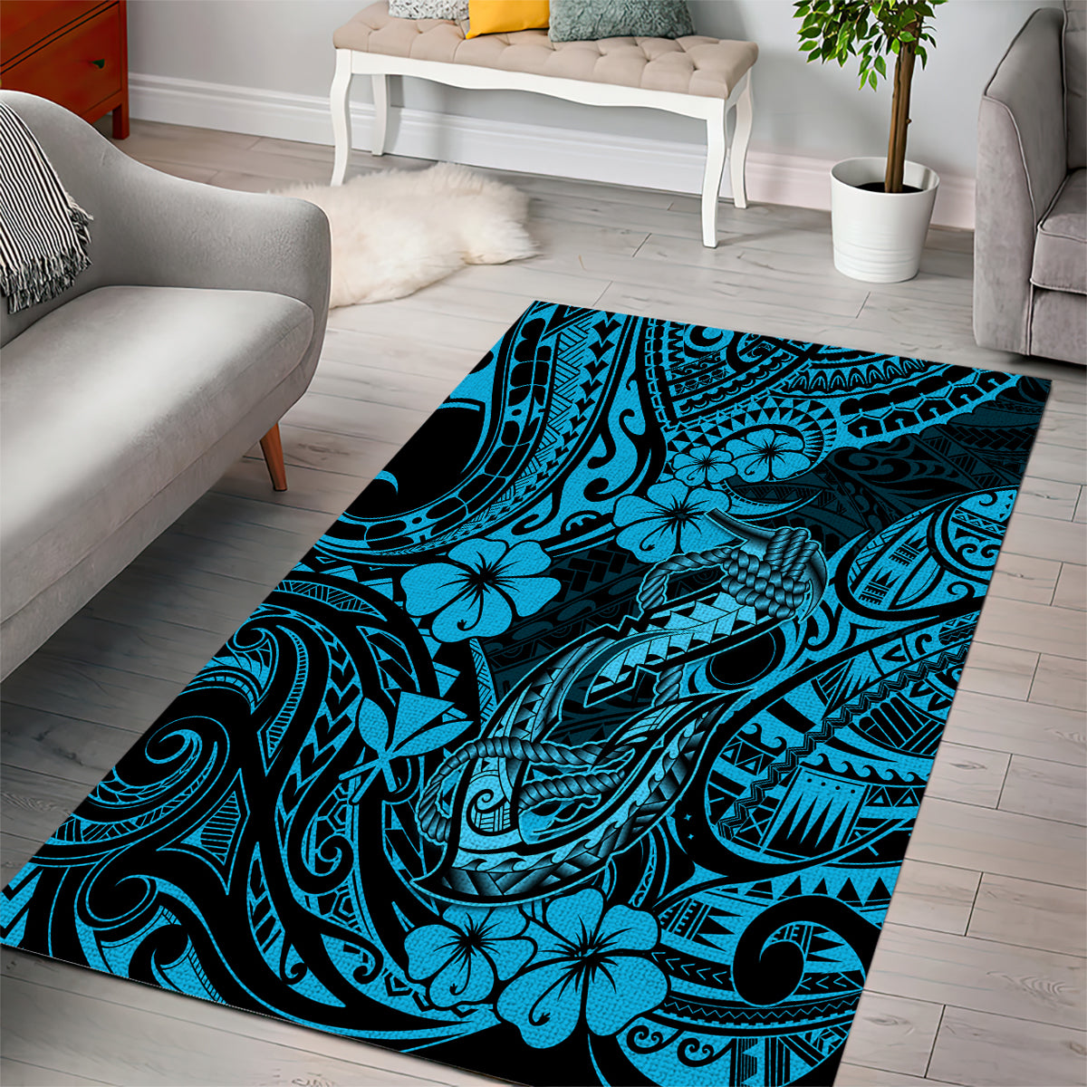 Hawaii Fish Hook Area Rug Hibiscus Hawaii Tribal Tattoo Sky Blue Version - Wonder Print Shop