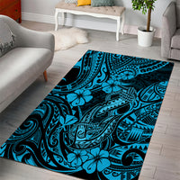 Hawaii Fish Hook Area Rug Hibiscus Hawaii Tribal Tattoo Sky Blue Version - Wonder Print Shop