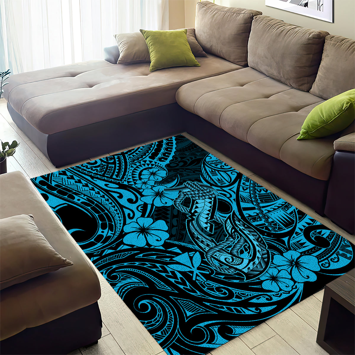 Hawaii Fish Hook Area Rug Hibiscus Hawaii Tribal Tattoo Sky Blue Version - Wonder Print Shop