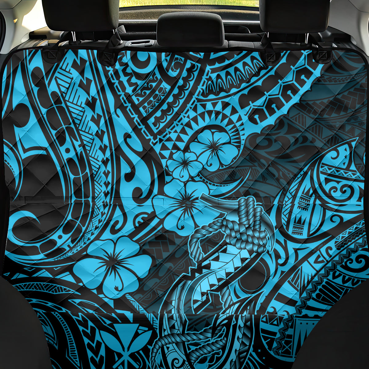 Hawaii Fish Hook Back Car Seat Cover Hibiscus Hawaii Tribal Tattoo Sky Blue Version - Wonder Print Shop