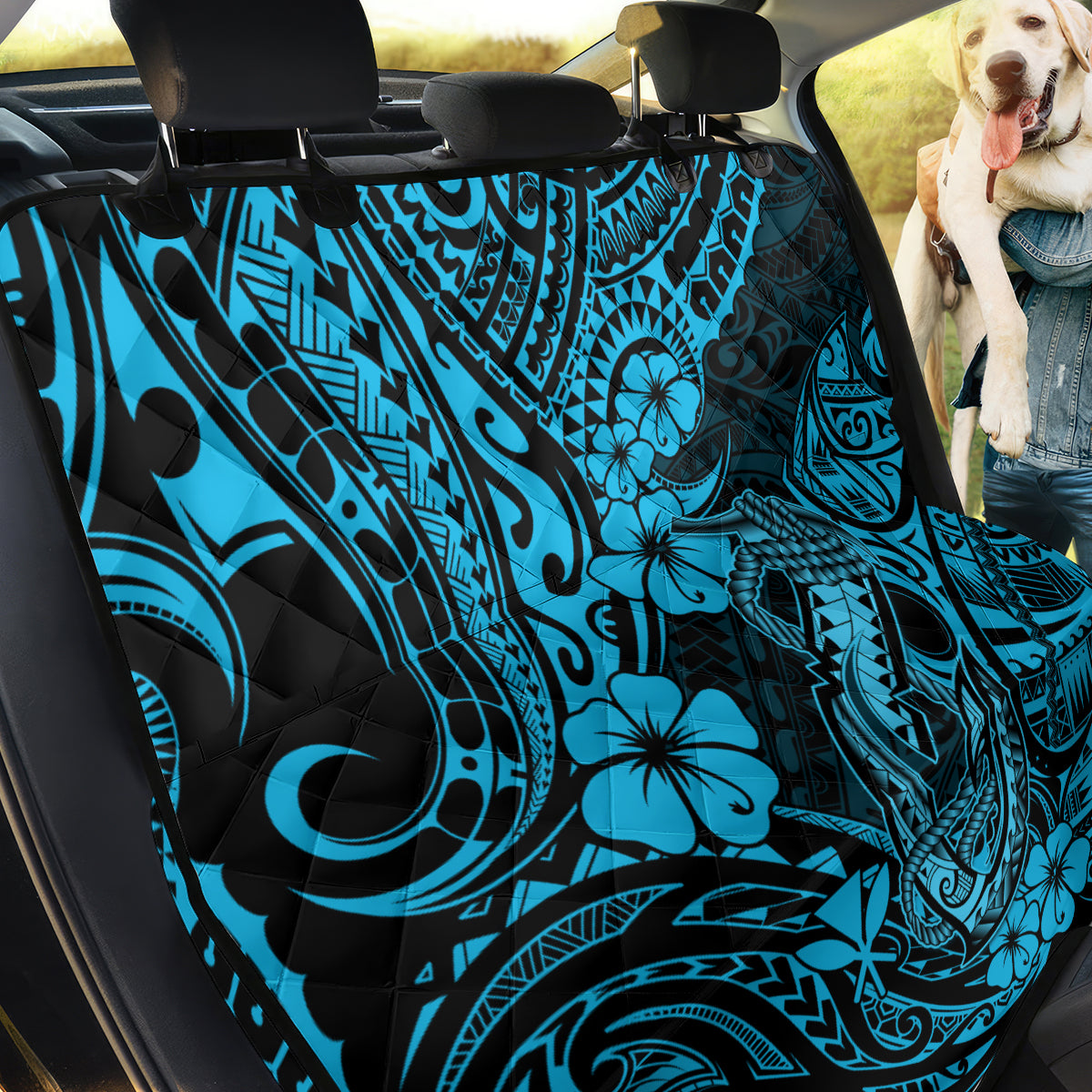 Hawaii Fish Hook Back Car Seat Cover Hibiscus Hawaii Tribal Tattoo Sky Blue Version - Wonder Print Shop