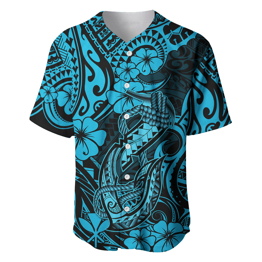 Hawaii Fish Hook Baseball Jersey Hibiscus Hawaii Tribal Tattoo Sky Blue Version - Wonder Print Shop