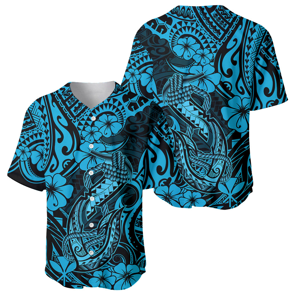 Hawaii Fish Hook Baseball Jersey Hibiscus Hawaii Tribal Tattoo Sky Blue Version - Wonder Print Shop