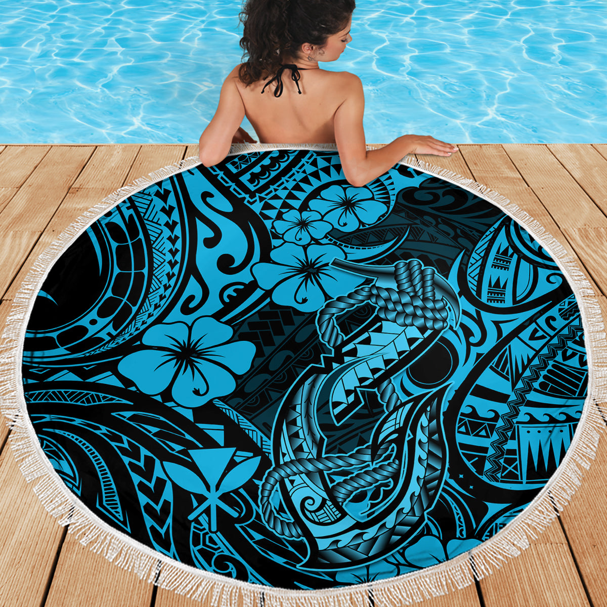 Hawaii Fish Hook Beach Blanket Hibiscus Hawaii Tribal Tattoo Sky Blue Version - Wonder Print Shop