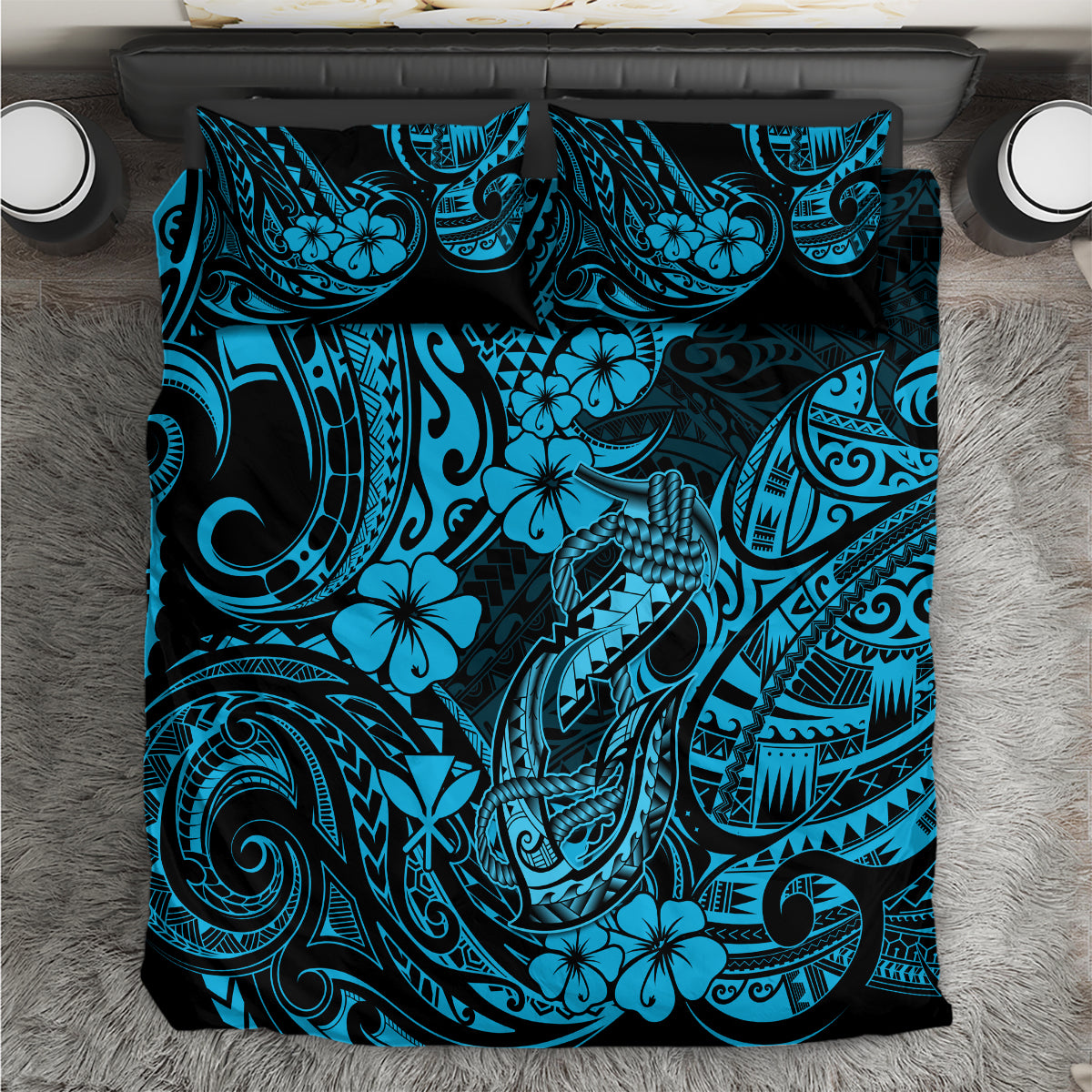 Hawaii Fish Hook Bedding Set Hibiscus Hawaii Tribal Tattoo Sky Blue Version - Wonder Print Shop