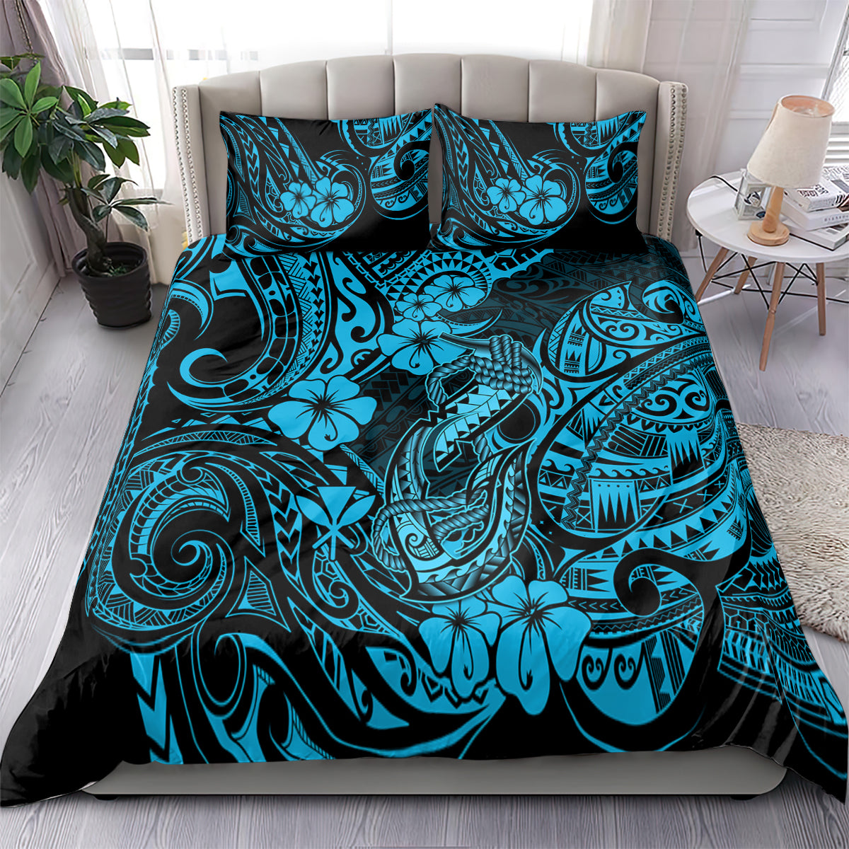 Hawaii Fish Hook Bedding Set Hibiscus Hawaii Tribal Tattoo Sky Blue Version - Wonder Print Shop