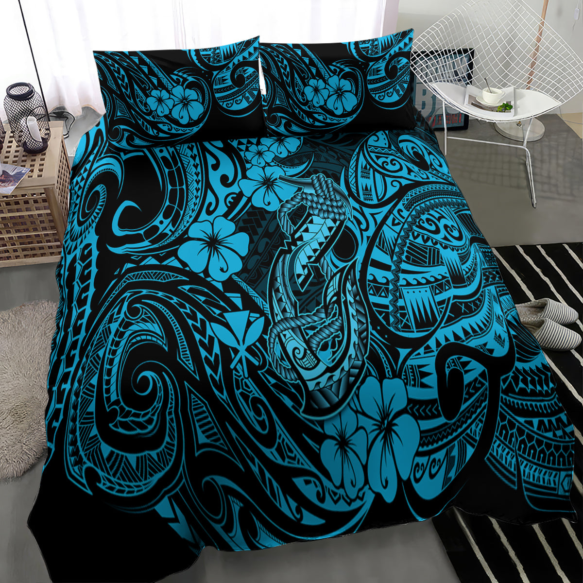 Hawaii Fish Hook Bedding Set Hibiscus Hawaii Tribal Tattoo Sky Blue Version - Wonder Print Shop