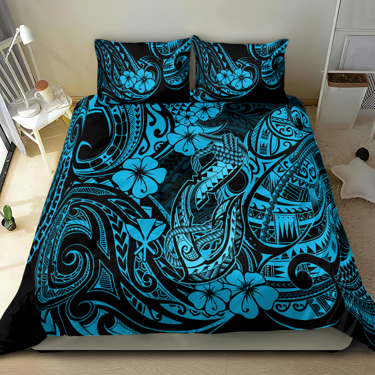 Hawaii Fish Hook Bedding Set Hibiscus Hawaii Tribal Tattoo Sky Blue Version - Wonder Print Shop