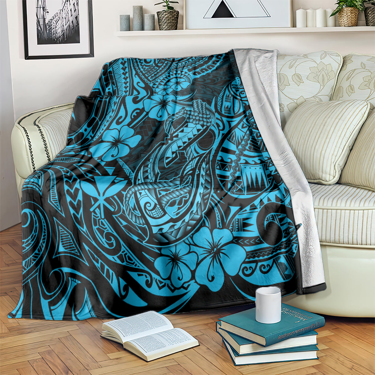hawaii-fish-hook-blanket-hibiscus-hawaii-tribal-tattoo-sky-blue-version