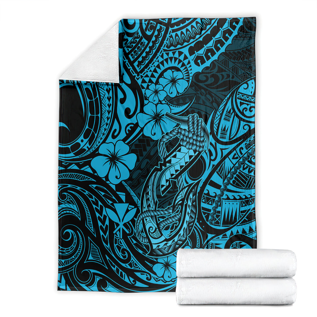 hawaii-fish-hook-blanket-hibiscus-hawaii-tribal-tattoo-sky-blue-version