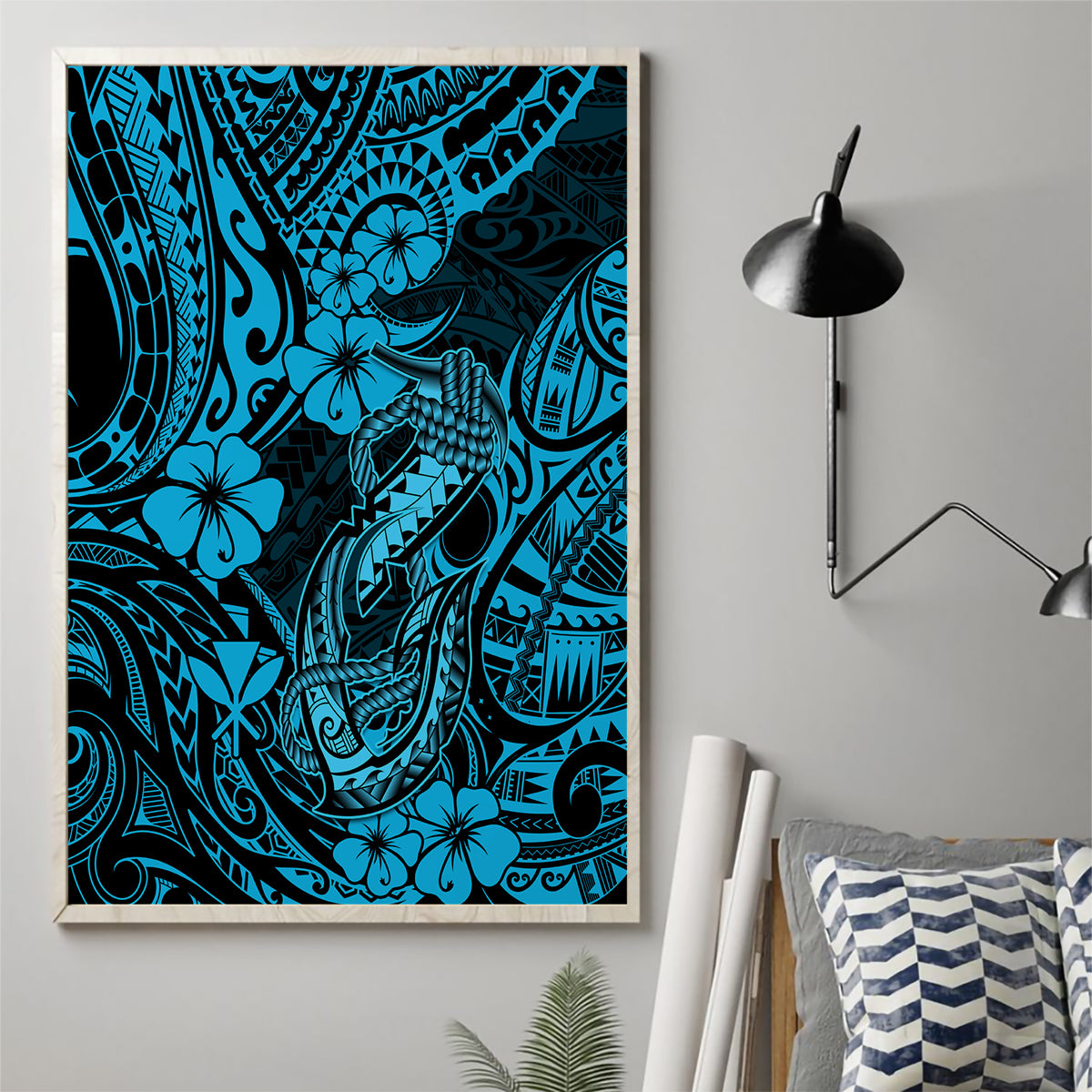 Hawaii Fish Hook Canvas Wall Art Hibiscus Hawaii Tribal Tattoo Sky Blue Version - Wonder Print Shop