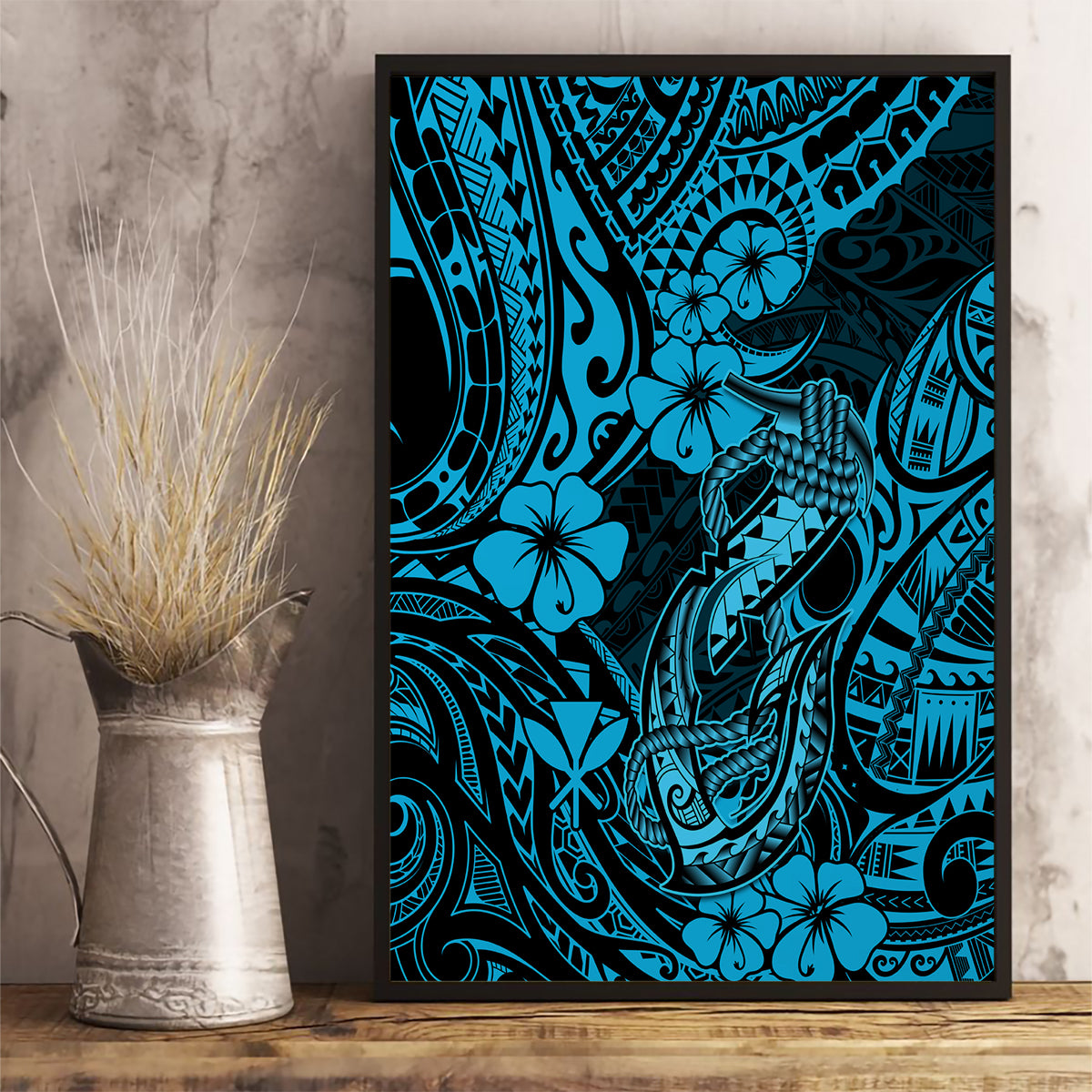 Hawaii Fish Hook Canvas Wall Art Hibiscus Hawaii Tribal Tattoo Sky Blue Version - Wonder Print Shop