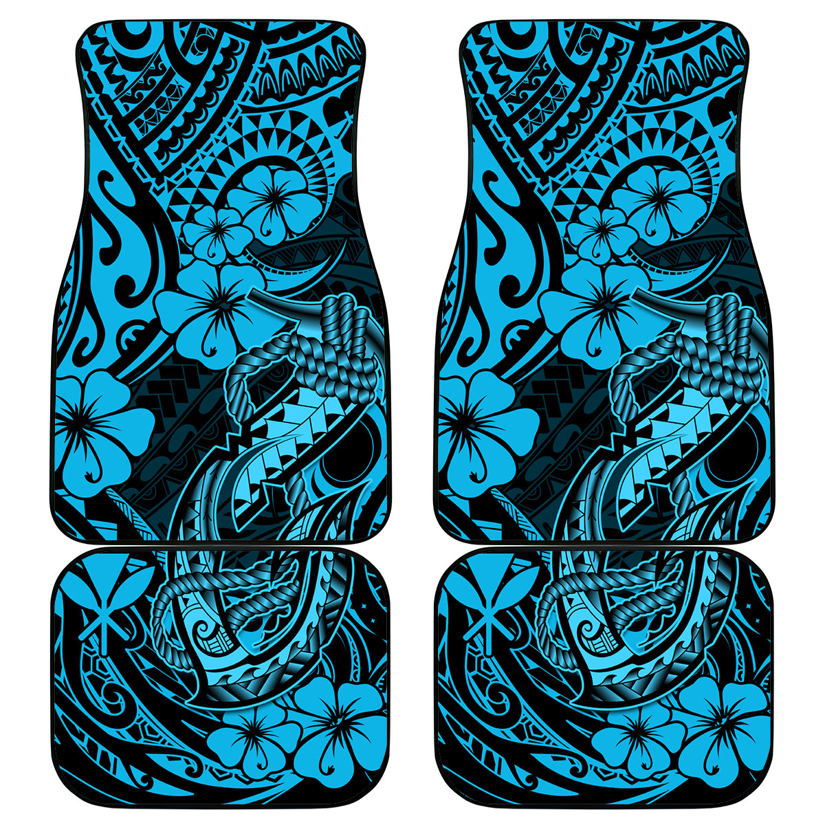 Hawaii Fish Hook Car Mats Hibiscus Hawaii Tribal Tattoo Sky Blue Version - Wonder Print Shop