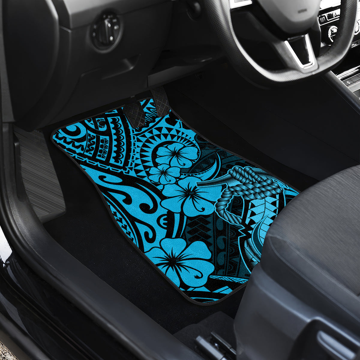 Hawaii Fish Hook Car Mats Hibiscus Hawaii Tribal Tattoo Sky Blue Version - Wonder Print Shop