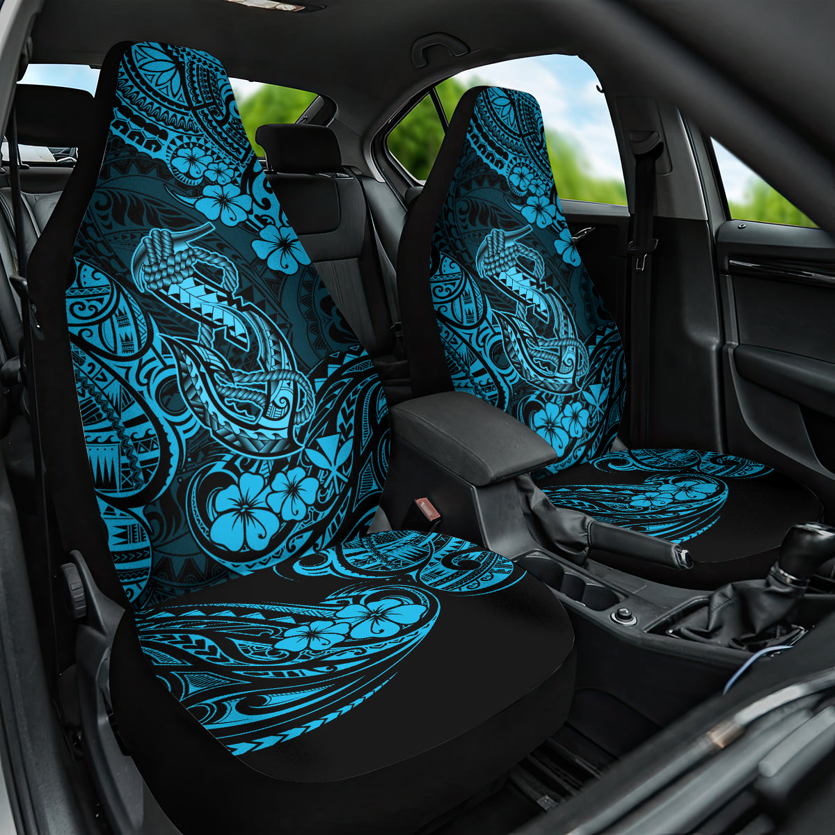 Hawaii Fish Hook Car Seat Cover Hibiscus Hawaii Tribal Tattoo Sky Blue Version - Wonder Print Shop