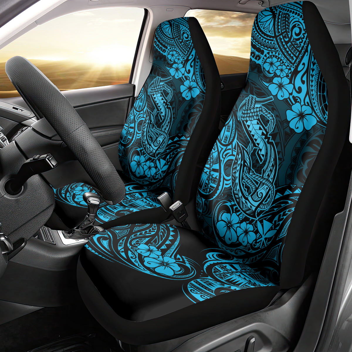 Hawaii Fish Hook Car Seat Cover Hibiscus Hawaii Tribal Tattoo Sky Blue Version - Wonder Print Shop