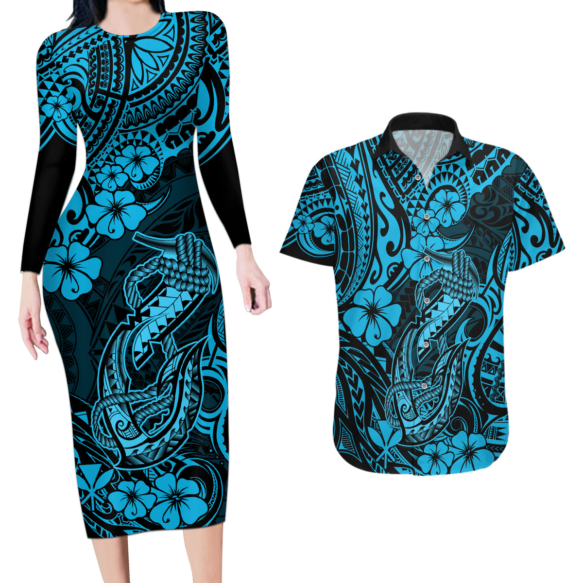 Hawaii Fish Hook Couples Matching Long Sleeve Bodycon Dress and Hawaiian Shirt Hibiscus Hawaii Tribal Tattoo Sky Blue Version - Wonder Print Shop