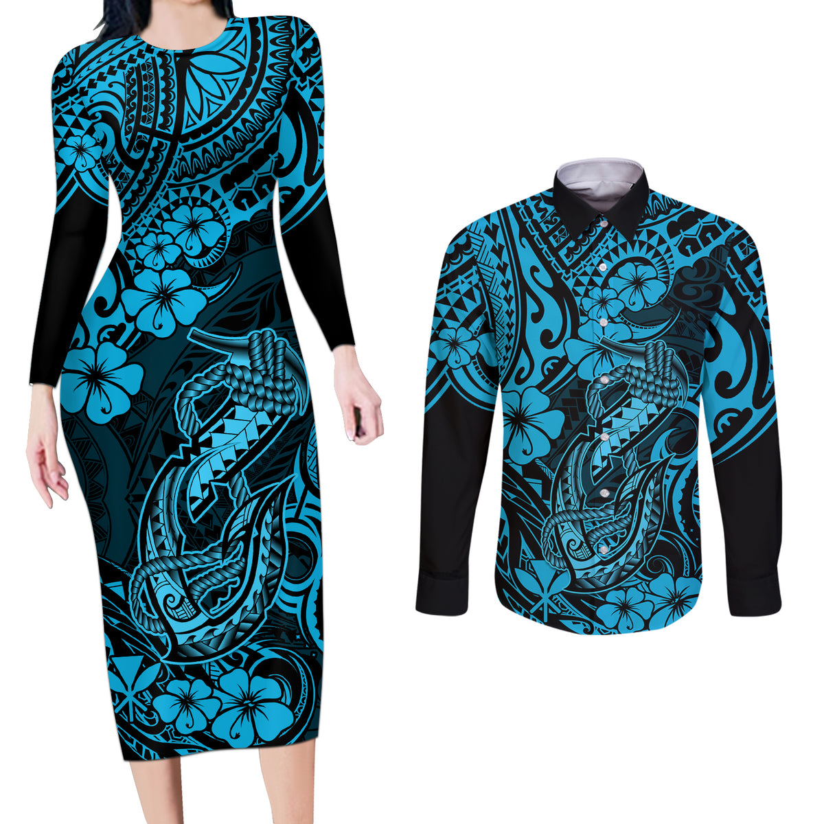 Hawaii Fish Hook Couples Matching Long Sleeve Bodycon Dress and Long Sleeve Button Shirts Hibiscus Hawaii Tribal Tattoo Sky Blue Version - Wonder Print Shop