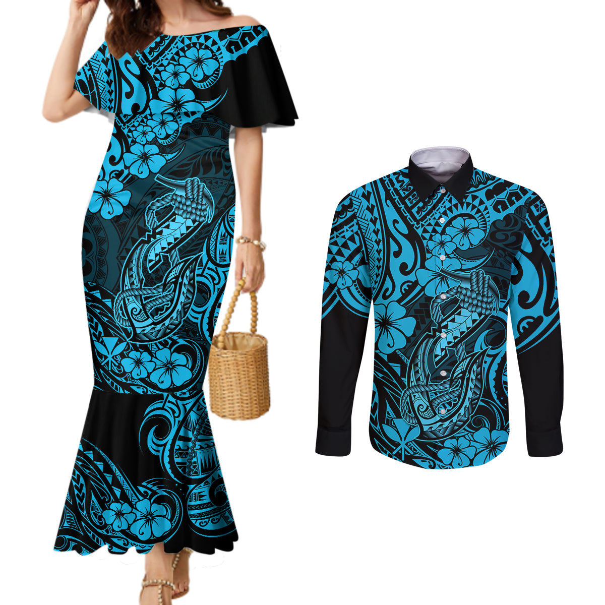 hawaii-fish-hook-couples-matching-mermaid-dress-and-long-sleeve-button-shirts-hibiscus-hawaii-tribal-tattoo-sky-blue-version