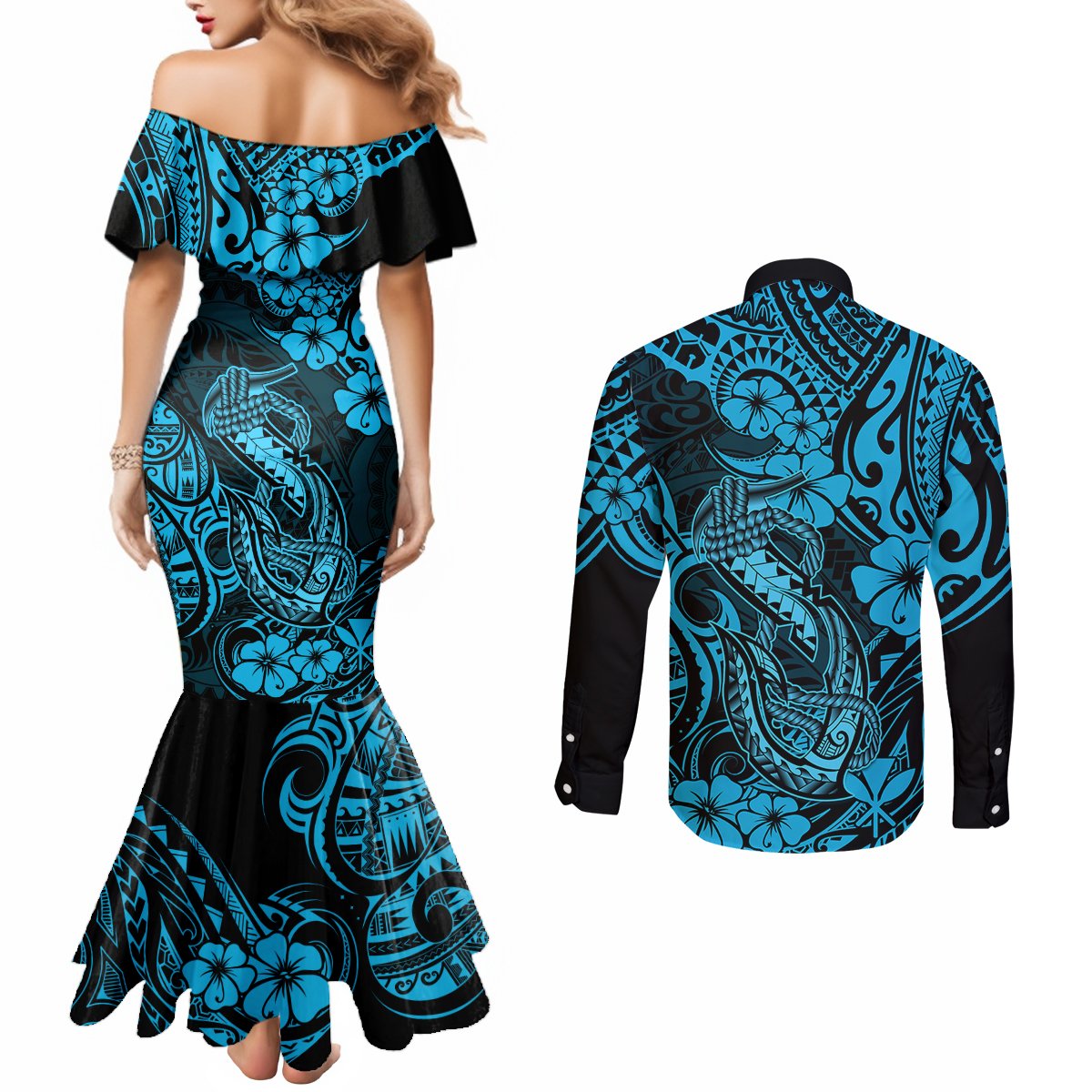 hawaii-fish-hook-couples-matching-mermaid-dress-and-long-sleeve-button-shirts-hibiscus-hawaii-tribal-tattoo-sky-blue-version
