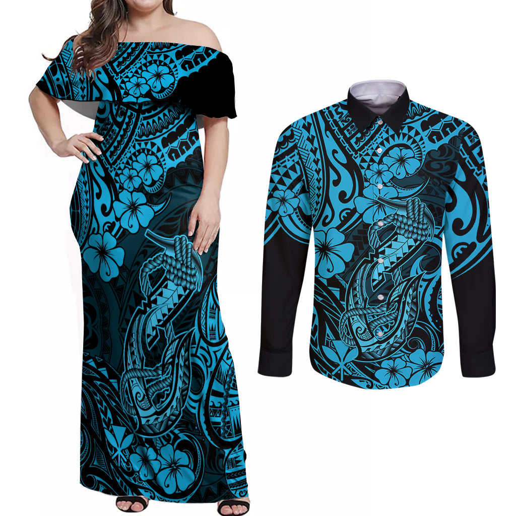 Hawaii Fish Hook Couples Matching Off Shoulder Maxi Dress and Long Sleeve Button Shirts Hibiscus Hawaii Tribal Tattoo Sky Blue Version - Wonder Print Shop