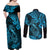 Hawaii Fish Hook Couples Matching Off Shoulder Maxi Dress and Long Sleeve Button Shirts Hibiscus Hawaii Tribal Tattoo Sky Blue Version - Wonder Print Shop