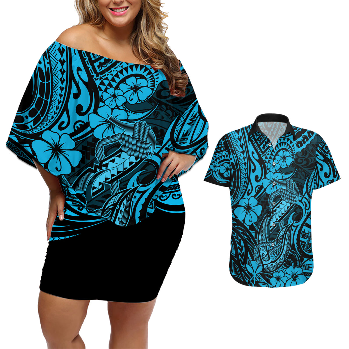 Hawaii Fish Hook Couples Matching Off Shoulder Short Dress and Hawaiian Shirt Hibiscus Hawaii Tribal Tattoo Sky Blue Version - Wonder Print Shop