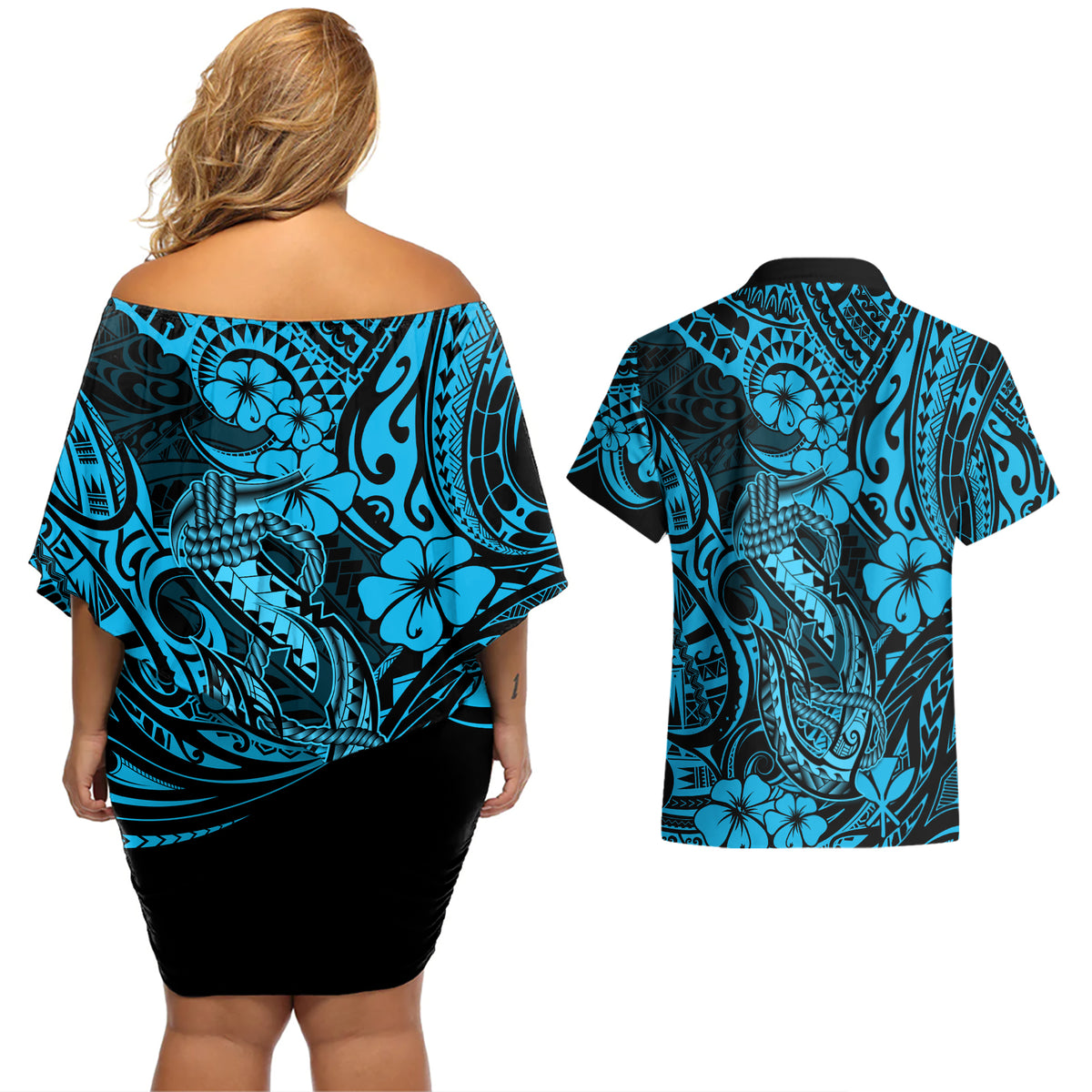 Hawaii Fish Hook Couples Matching Off Shoulder Short Dress and Hawaiian Shirt Hibiscus Hawaii Tribal Tattoo Sky Blue Version - Wonder Print Shop