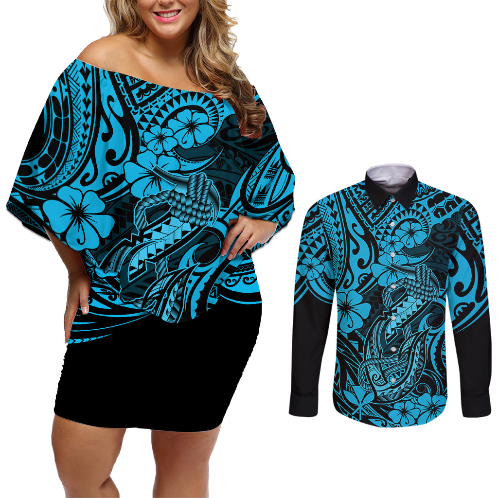 Hawaii Fish Hook Couples Matching Off Shoulder Short Dress and Long Sleeve Button Shirts Hibiscus Hawaii Tribal Tattoo Sky Blue Version - Wonder Print Shop