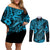 Hawaii Fish Hook Couples Matching Off Shoulder Short Dress and Long Sleeve Button Shirts Hibiscus Hawaii Tribal Tattoo Sky Blue Version - Wonder Print Shop