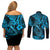 Hawaii Fish Hook Couples Matching Off Shoulder Short Dress and Long Sleeve Button Shirts Hibiscus Hawaii Tribal Tattoo Sky Blue Version - Wonder Print Shop