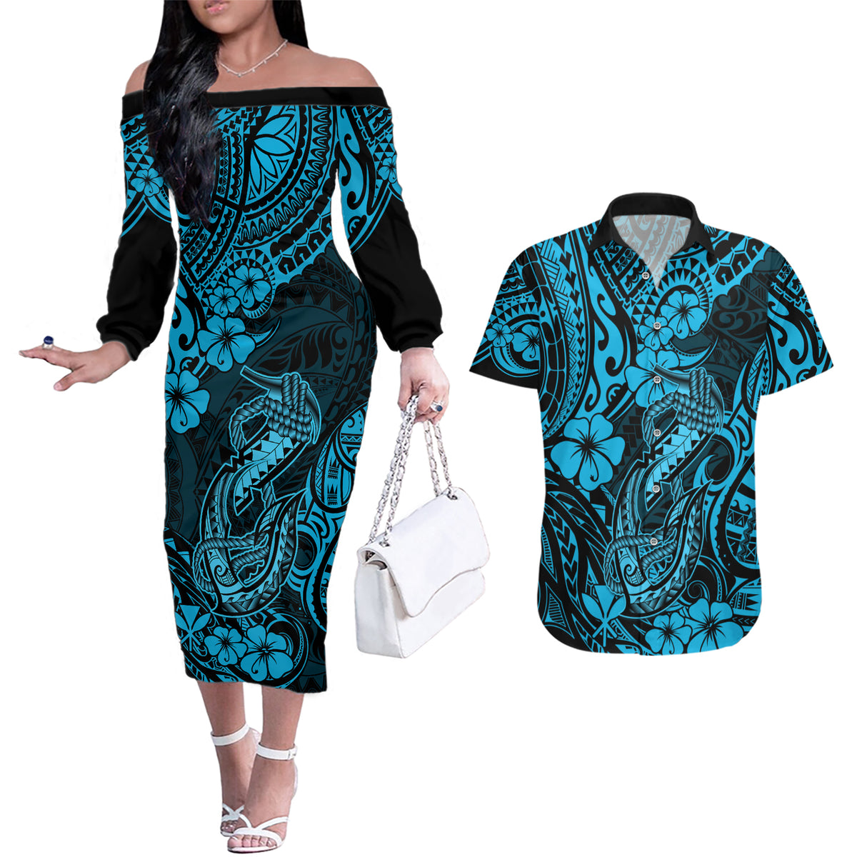 Hawaii Fish Hook Couples Matching Off The Shoulder Long Sleeve Dress and Hawaiian Shirt Hibiscus Hawaii Tribal Tattoo Sky Blue Version - Wonder Print Shop